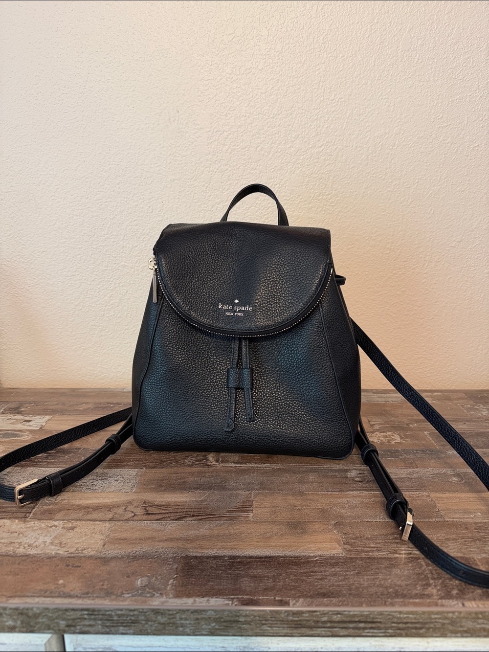 Kate Spade Black Pebbled Leather Flap Backpack